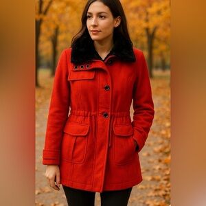Owind Red Coat with Black Fur Collar